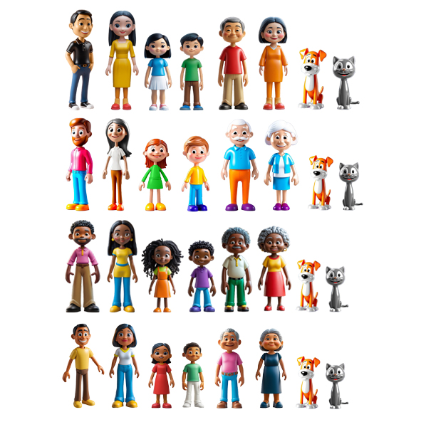 Miniland Family set of diverse skin-tone figures standing together for symbolic play